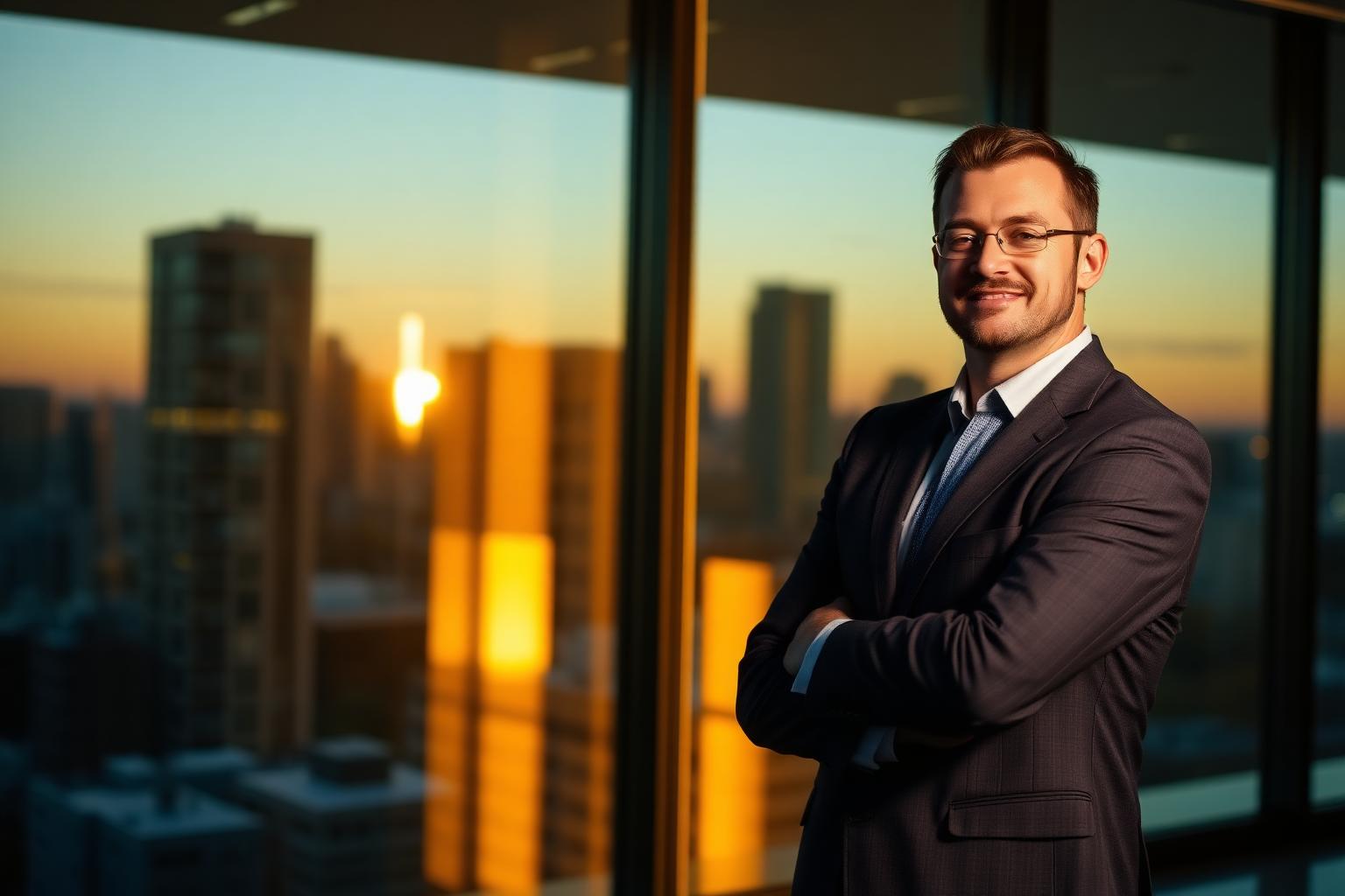 Confident leader looking out over a city skyline at sunset